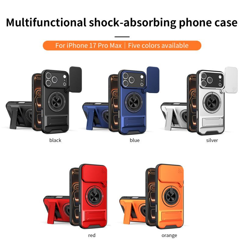 Multifunctional Shockproof Phone Case with Slide Camera Privacy Cover, 360° Rotatable Magnetic Ring Kickstand for iPhone