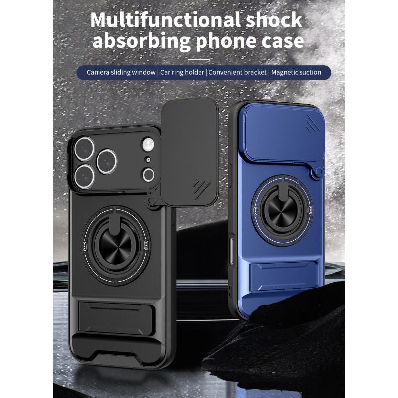 Multifunctional Shockproof Phone Case with Slide Camera Privacy Cover, 360° Rotatable Magnetic Ring Kickstand for iPhone