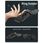 Multifunctional Shockproof Phone Case with Slide Camera Privacy Cover, 360° Rotatable Magnetic Ring Kickstand for iPhone