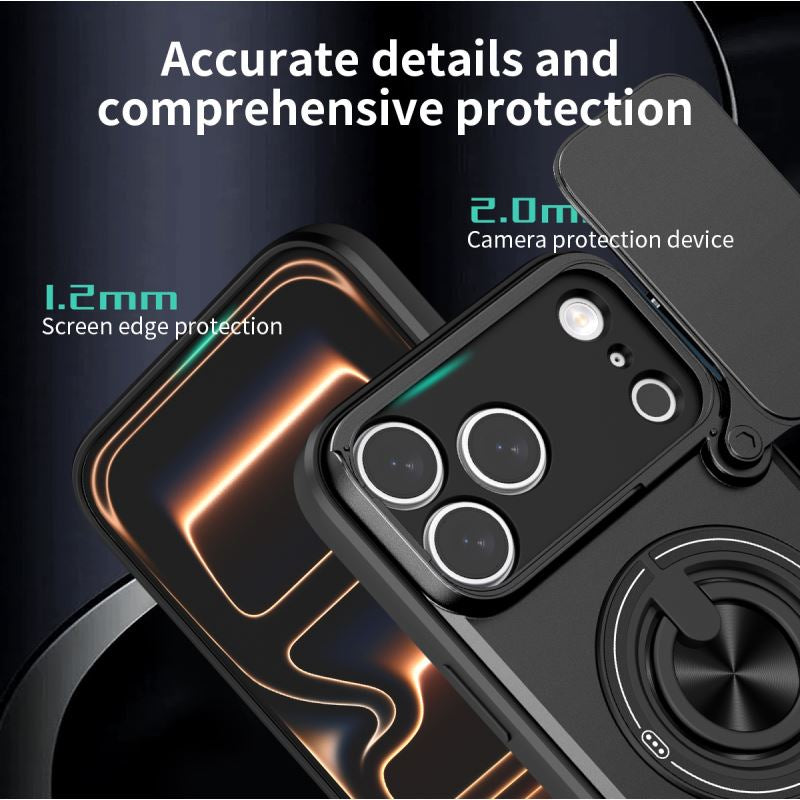 Multifunctional Shockproof Phone Case with Slide Camera Privacy Cover, 360° Rotatable Magnetic Ring Kickstand for iPhone