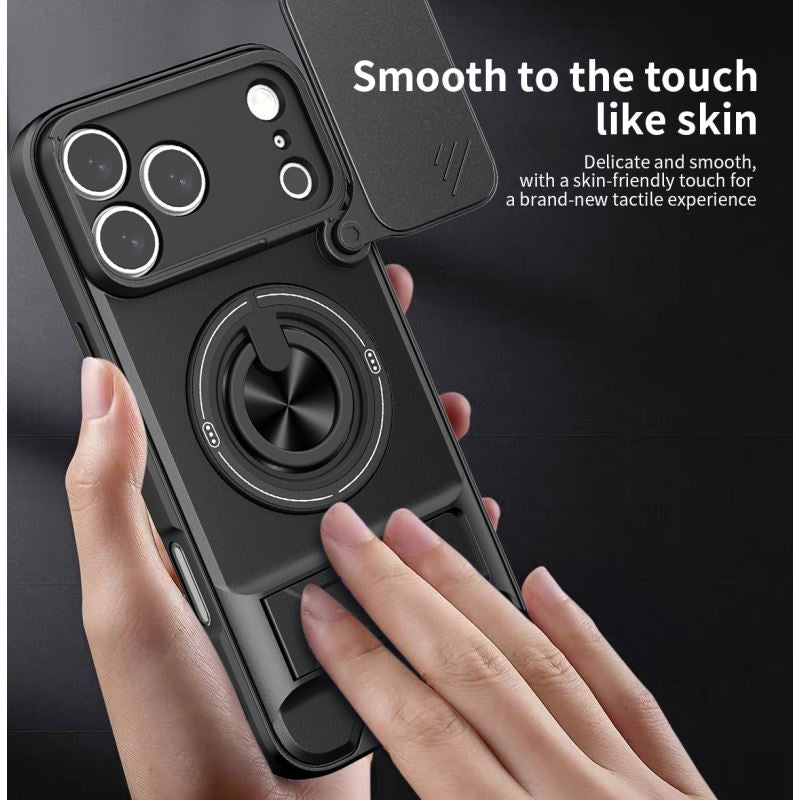 Multifunctional Shockproof Phone Case with Slide Camera Privacy Cover, 360° Rotatable Magnetic Ring Kickstand for iPhone