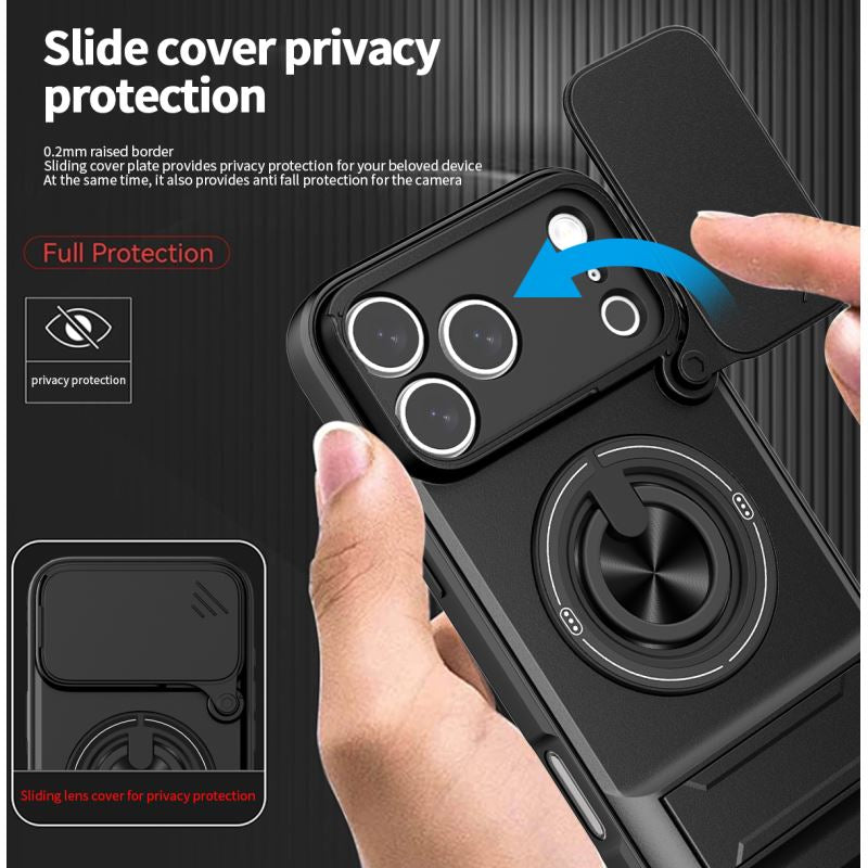 Multifunctional Shockproof Phone Case with Slide Camera Privacy Cover, 360° Rotatable Magnetic Ring Kickstand for iPhone