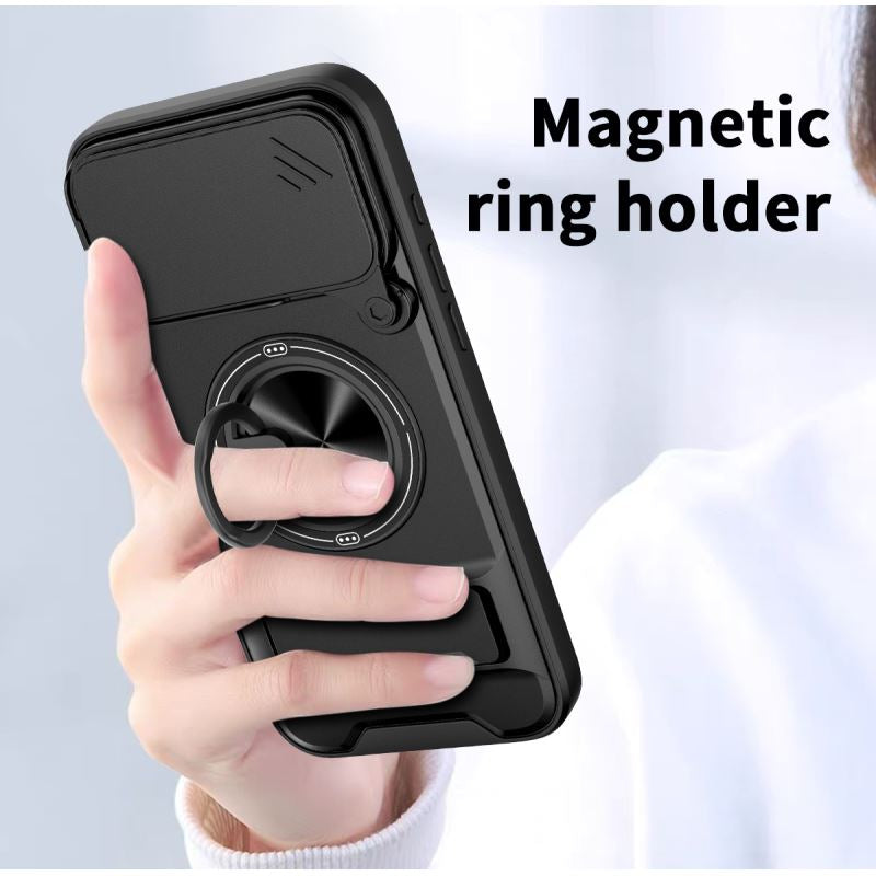 Multifunctional Shockproof Phone Case with Slide Camera Privacy Cover, 360° Rotatable Magnetic Ring Kickstand for iPhone