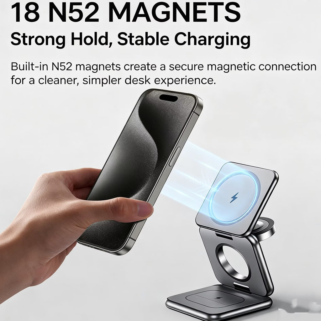3-in-1 Magnetic Wireless Charger Stand, Mag-Safe Charging Station for iPhone Series, Apple Watch & AirPods, Portable Aluminum Multi Device Wireless Charging Dock for Travel & Desk