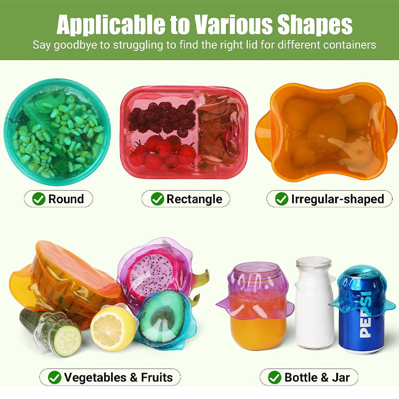 Silicone food storage lids are reusable and suitable for storing food in cups, jars, glass bottles, and round and rectangular containers.