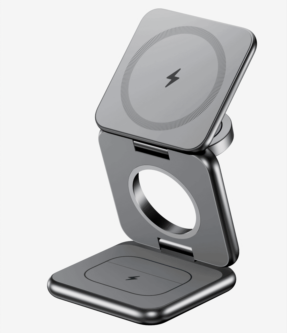 3-in-1 Magnetic Wireless Charger Stand, Mag-Safe Charging Station for iPhone Series, Apple Watch & AirPods, Portable Aluminum Multi Device Wireless Charging Dock for Travel & Desk