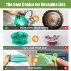 Silicone food storage lids are reusable and suitable for storing food in cups, jars, glass bottles, and round and rectangular containers.