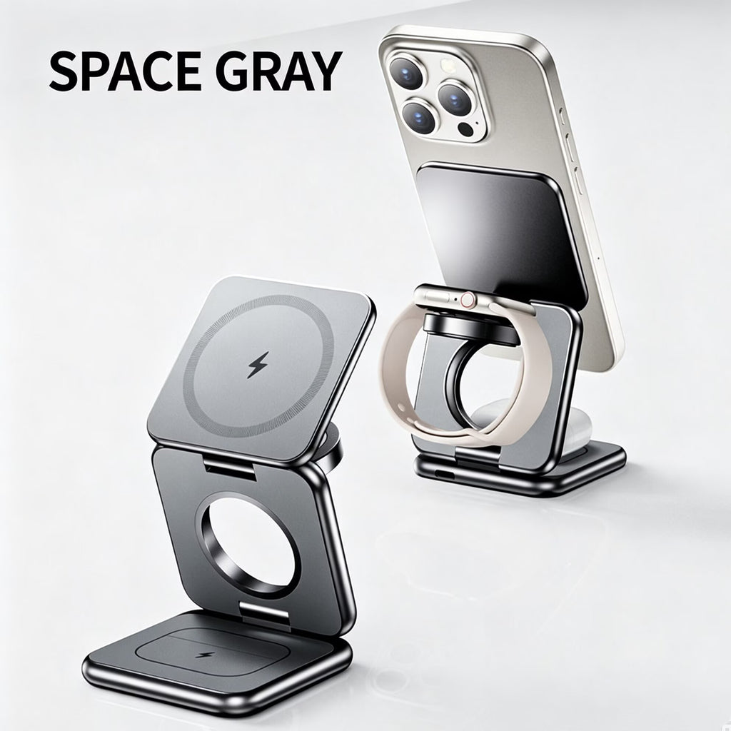 3-in-1 Magnetic Wireless Charger Stand, Mag-Safe Charging Station for iPhone Series, Apple Watch & AirPods, Portable Aluminum Multi Device Wireless Charging Dock for Travel & Desk