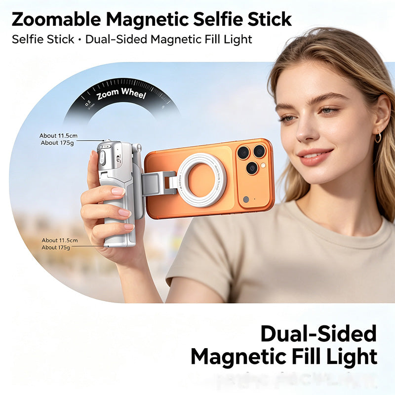 4-in-1 Magnetic Selfie Stick Tripod with Zoom Bluetooth Remote, Portable Mini Mag-Safe Phone Selfie Holder for Travel Selfie Video Recording