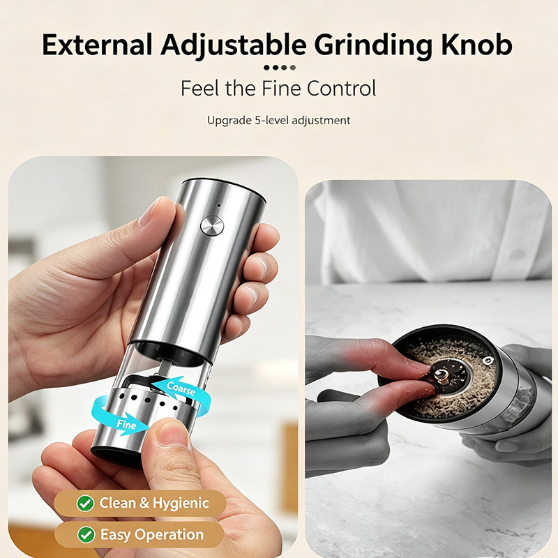 Electric Salt and Pepper Grinder, 5 Adjustable Coarseness Stainless Steel Pepper Mill