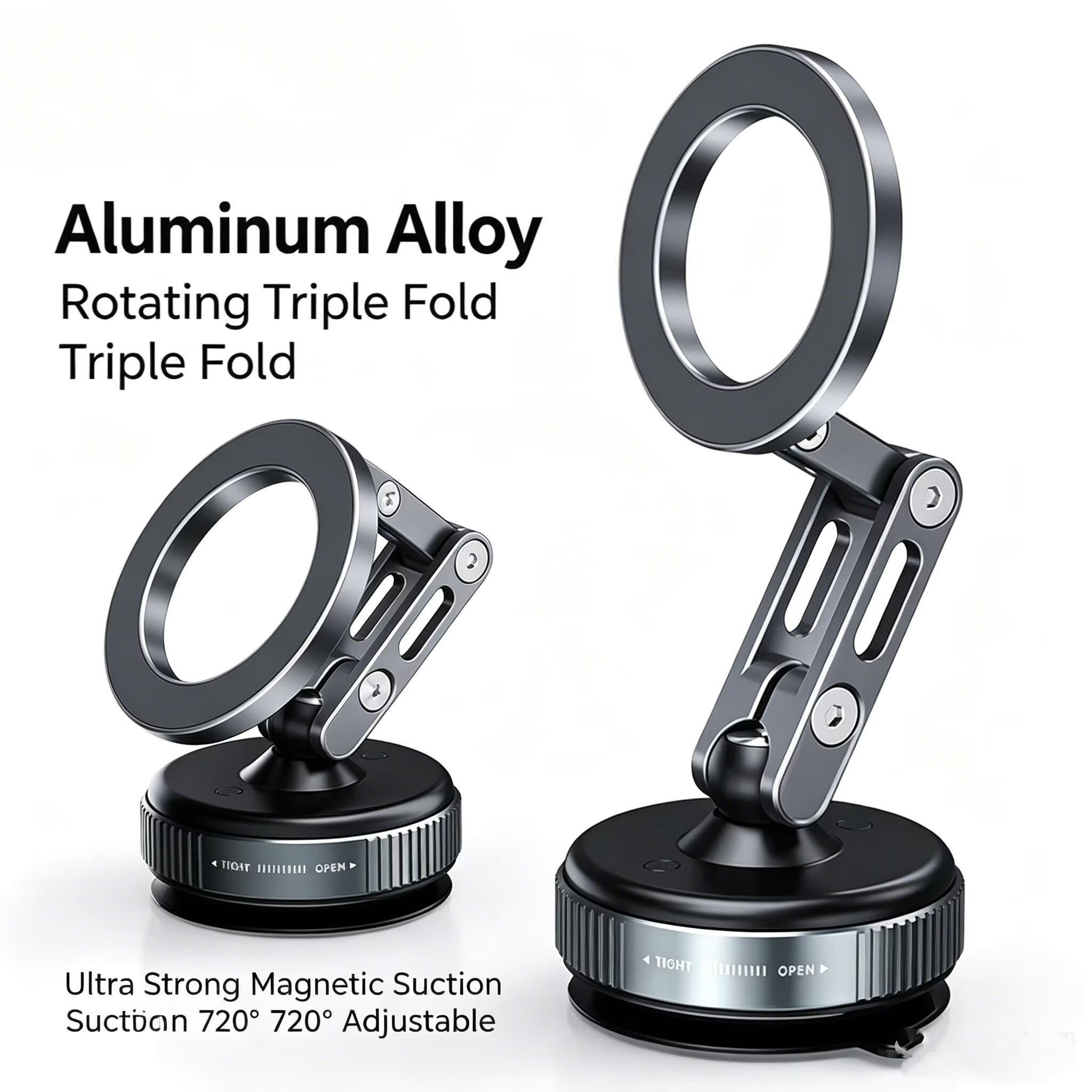 720° Adjustable Triple Fold Magnetic Car Phone Holder, MagSafe Mount for Dashboard & Windshield