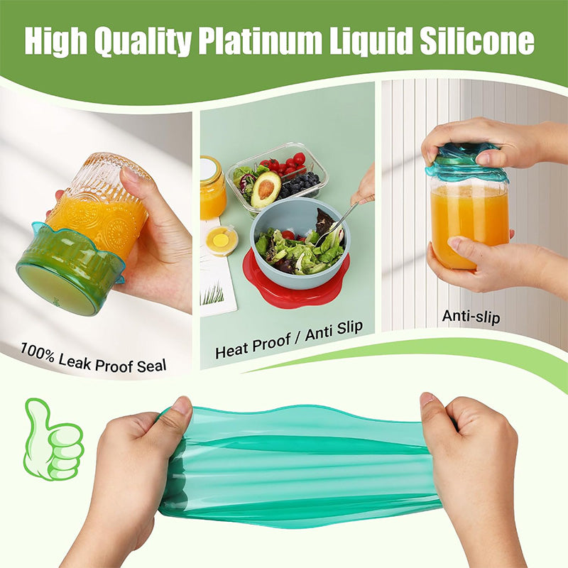 Silicone food storage lids are reusable and suitable for storing food in cups, jars, glass bottles, and round and rectangular containers.