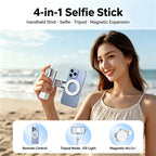 4-in-1 Magnetic Selfie Stick Tripod with Zoom Bluetooth Remote, Portable Mini Mag-Safe Phone Selfie Holder for Travel Selfie Video Recording