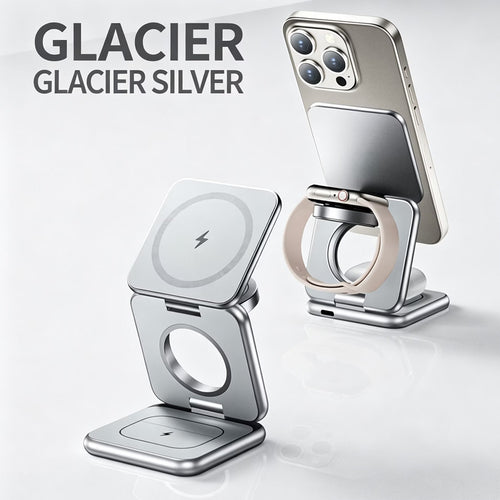 3-in-1 Magnetic Wireless Charger Stand, Mag-Safe Charging Station for iPhone Series, Apple Watch & AirPods, Portable Aluminum Multi Device Wireless Charging Dock for Travel & Desk
