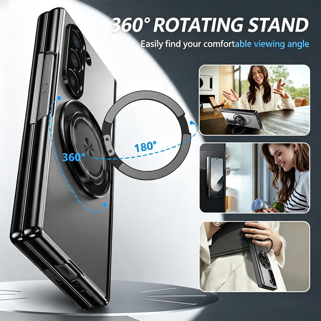 For Samsung Z Fold Series Aluminum Alloy Foldable Phone Case With Built-In 360° Rotating Magnetic Ring Kickstand