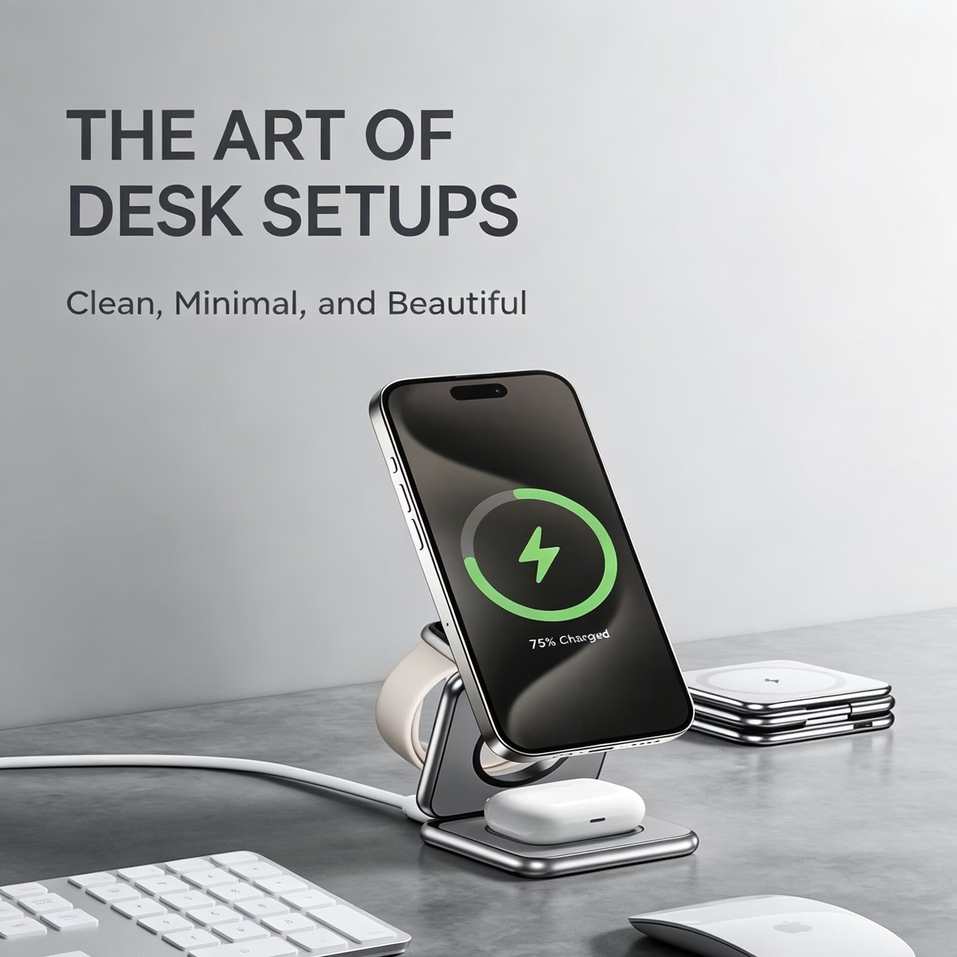 3-in-1 Magnetic Wireless Charger Stand, Mag-Safe Charging Station for iPhone Series, Apple Watch & AirPods, Portable Aluminum Multi Device Wireless Charging Dock for Travel & Desk