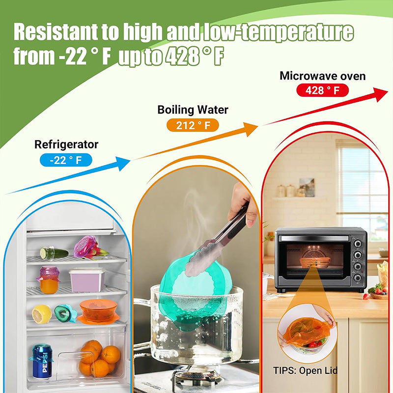 Silicone food storage lids are reusable and suitable for storing food in cups, jars, glass bottles, and round and rectangular containers.