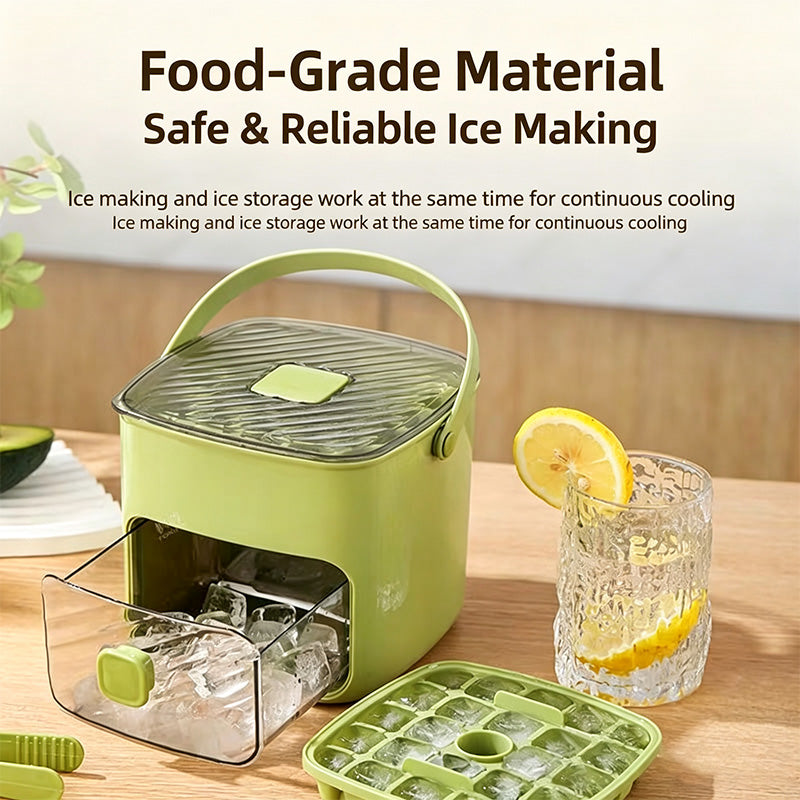 One Button Release Ice Cube Maker Storage Bin, 24 Cubes Food Grade Ice Tray with Dustproof Lid & Pull-Out Drawer for Cocktail, Whiskey, Drinks, Freezer & Camping Use