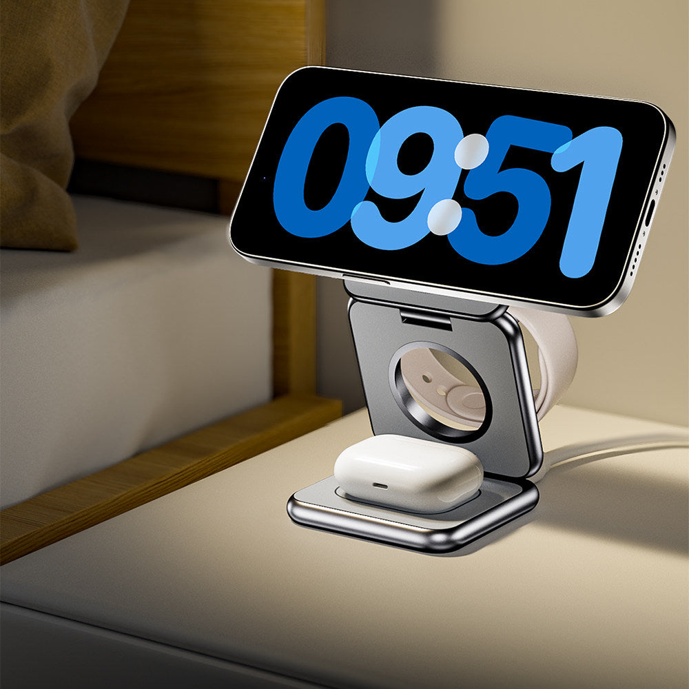 3-in-1 Magnetic Wireless Charger Stand, Mag-Safe Charging Station for iPhone Series, Apple Watch & AirPods, Portable Aluminum Multi Device Wireless Charging Dock for Travel & Desk