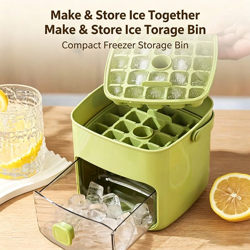 One Button Release Ice Cube Maker Storage Bin, 24 Cubes Food Grade Ice Tray with Dustproof Lid & Pull-Out Drawer for Cocktail, Whiskey, Drinks, Freezer & Camping Use