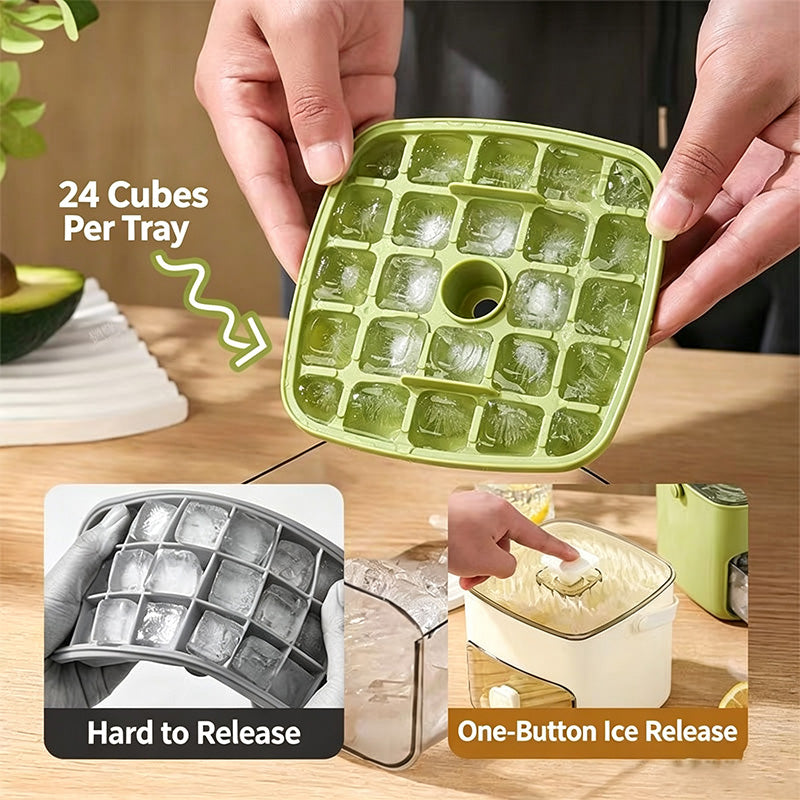 One Button Release Ice Cube Maker Storage Bin, 24 Cubes Food Grade Ice Tray with Dustproof Lid & Pull-Out Drawer for Cocktail, Whiskey, Drinks, Freezer & Camping Use