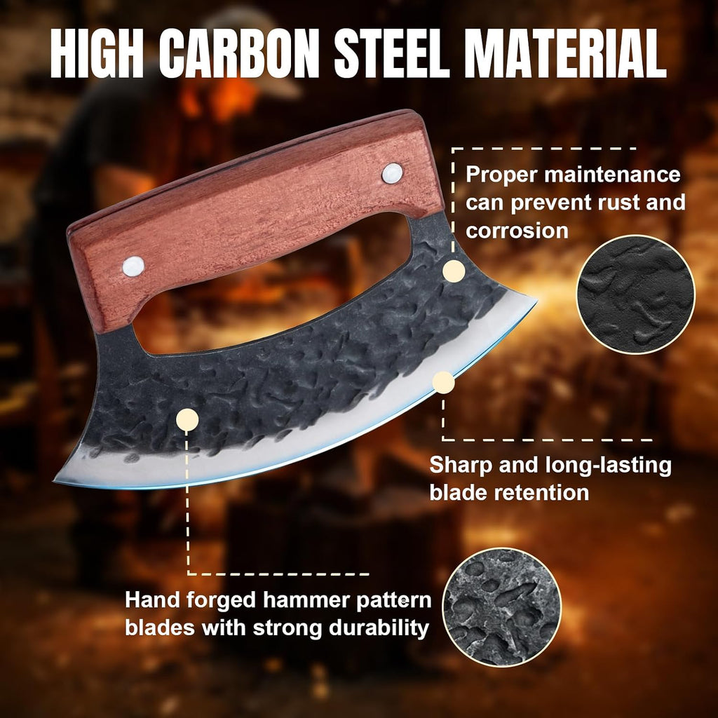 Knife with Wooden Stand, Mezzaluna Rocker Knife, Pizza Cutter, Anti-stick Pounding Texture for Kitchen, Camping, BBQ