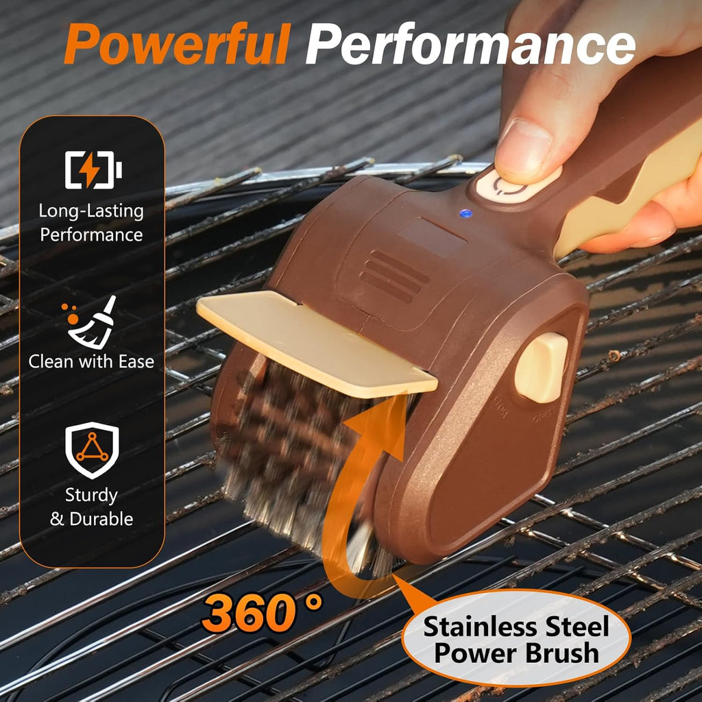 Electric Grill Brush for Outdoor Grill, Electric BBQ Grill Cleaner | Rechargeable Electric BBQ Grill Cleaning Stainless Steel Brush, Grill Scraper, BBQ Accessories Brown