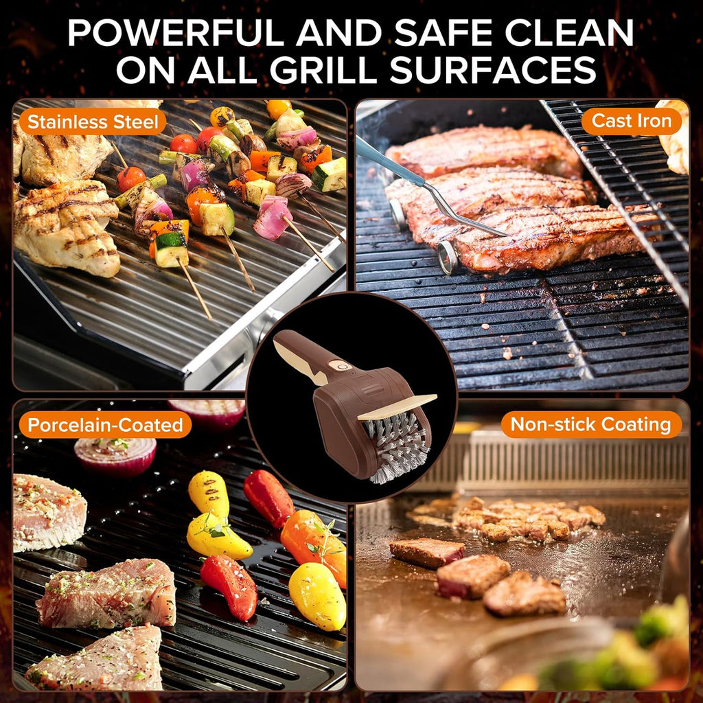 Electric Grill Brush for Outdoor Grill, Electric BBQ Grill Cleaner | Rechargeable Electric BBQ Grill Cleaning Stainless Steel Brush, Grill Scraper, BBQ Accessories Brown