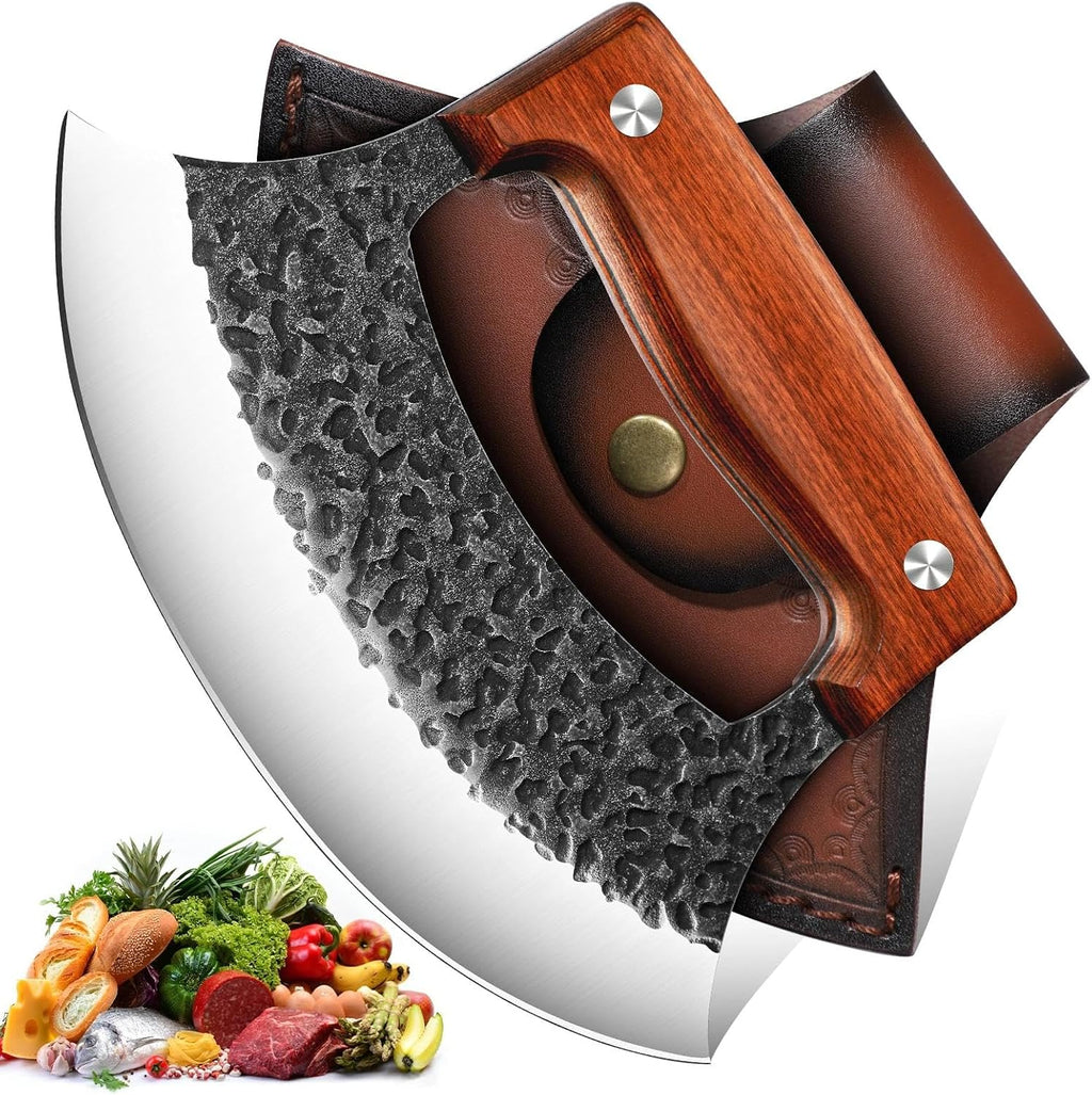 Knife with Wooden Stand, Mezzaluna Rocker Knife, Pizza Cutter, Anti-stick Pounding Texture for Kitchen, Camping, BBQ