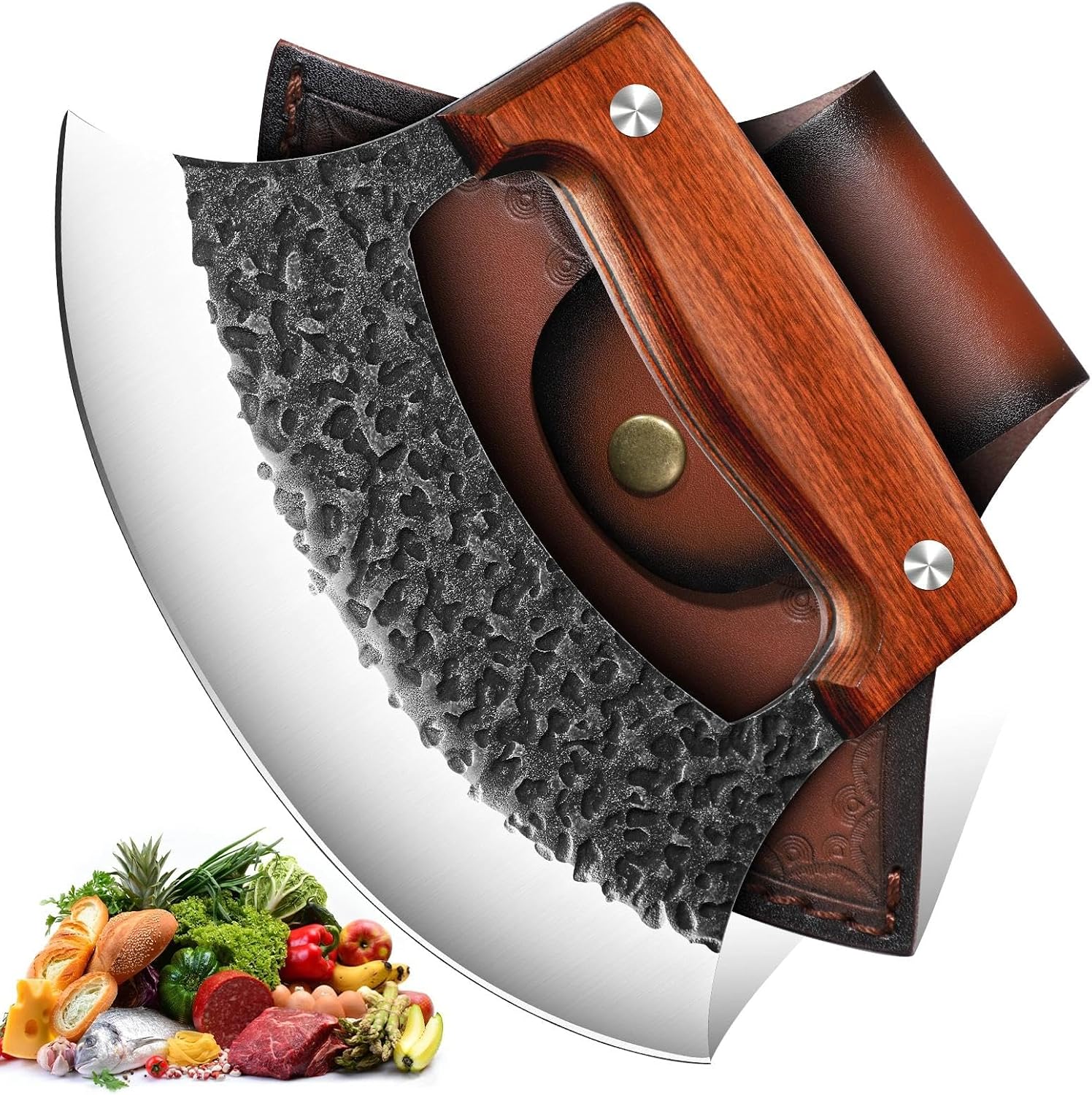 Knife with Wooden Stand, Mezzaluna Rocker Knife, Pizza Cutter, Anti-stick Pounding Texture for Kitchen, Camping, BBQ