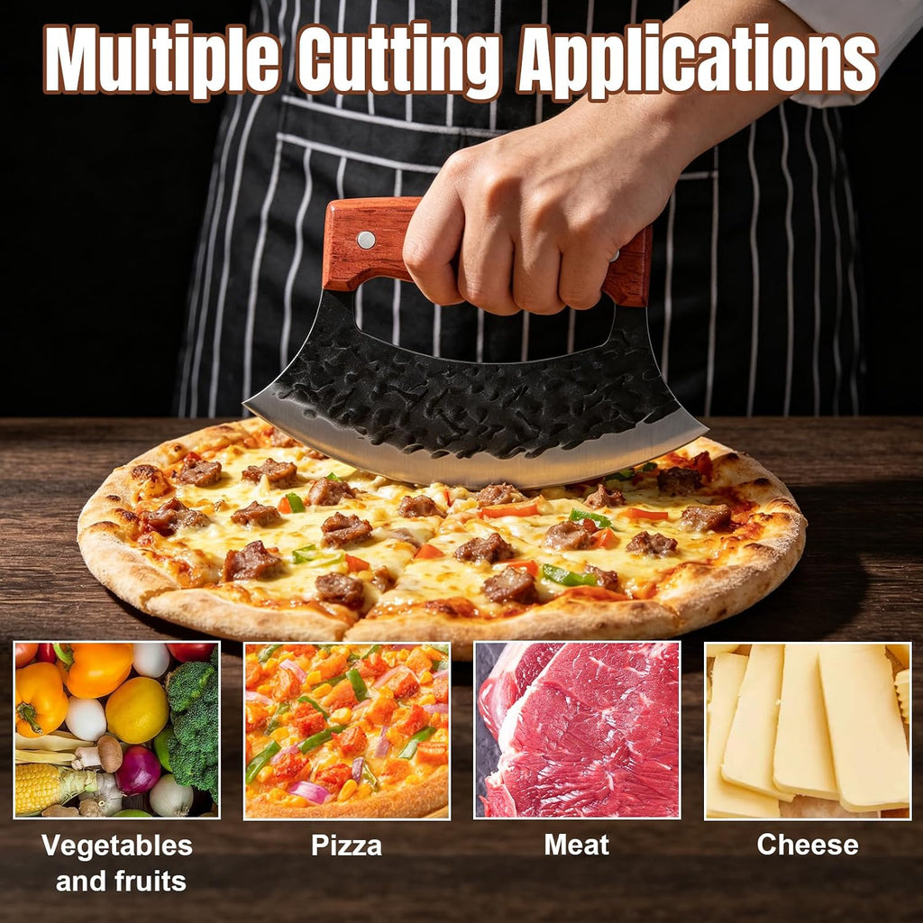Knife with Wooden Stand, Mezzaluna Rocker Knife, Pizza Cutter, Anti-stick Pounding Texture for Kitchen, Camping, BBQ