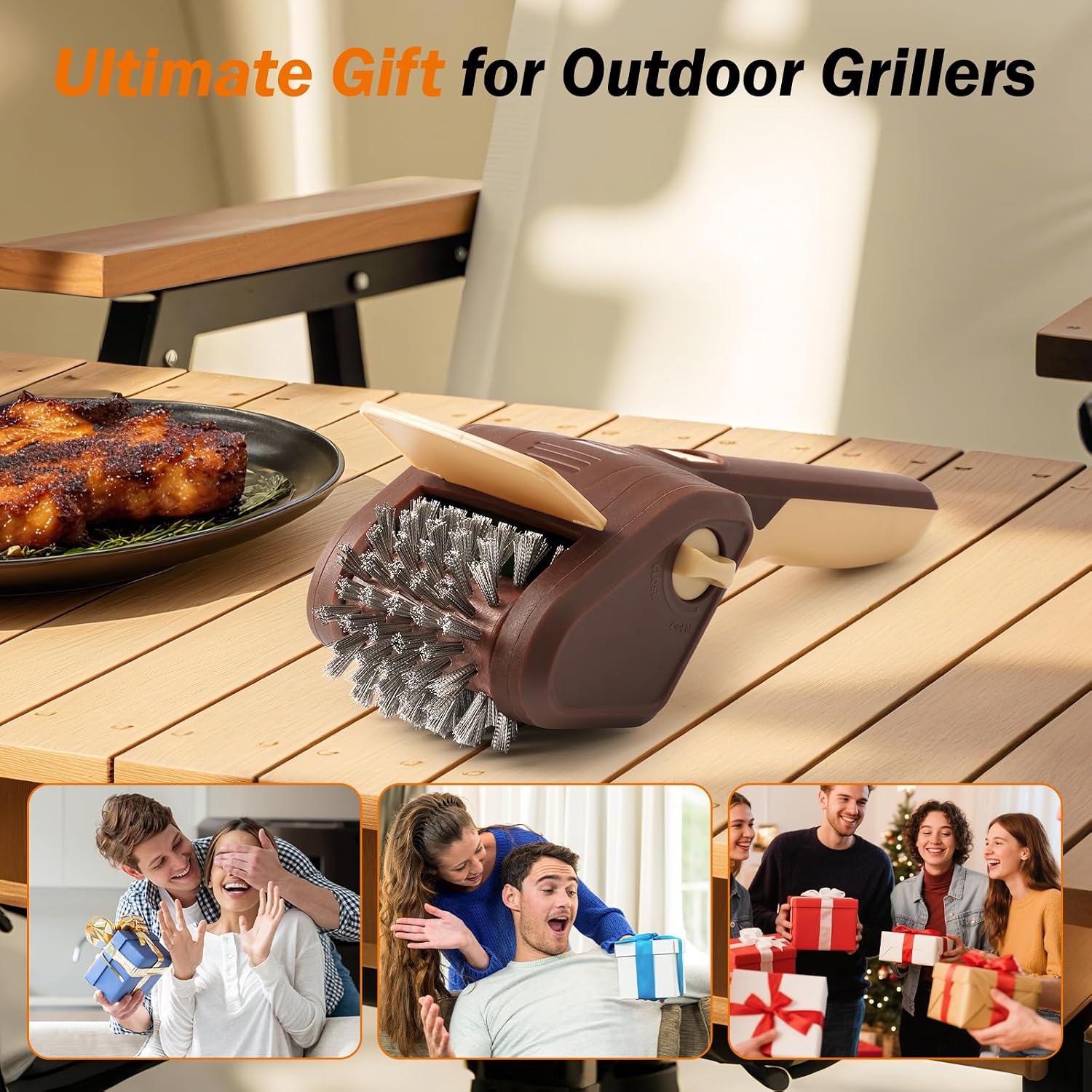 Electric Grill Brush for Outdoor Grill, Electric BBQ Grill Cleaner | Rechargeable Electric BBQ Grill Cleaning Stainless Steel Brush, Grill Scraper, BBQ Accessories Brown