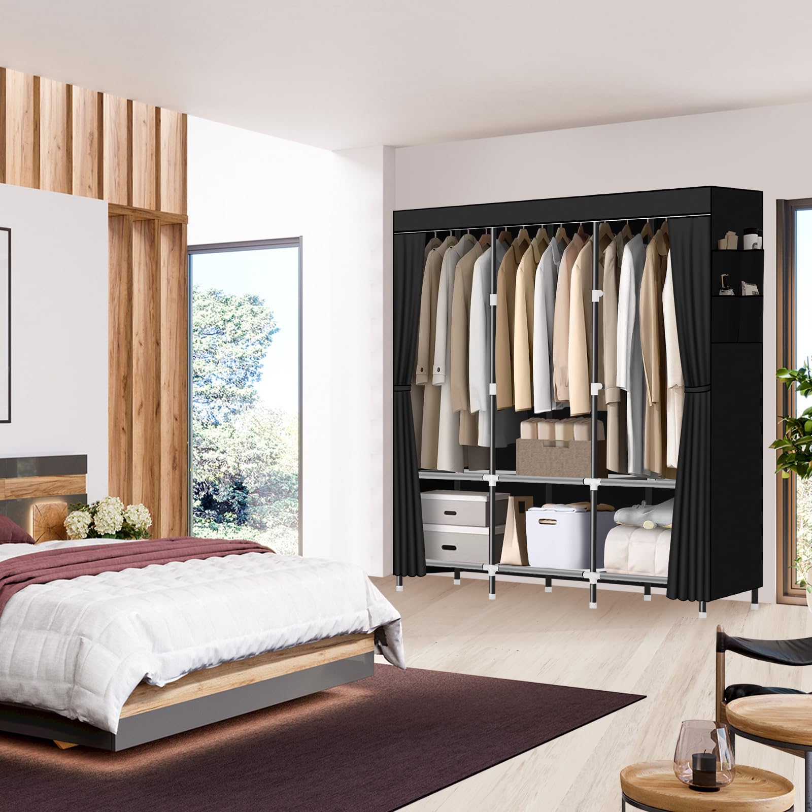 Portable steel-tube wardrobe for the bedroom, sturdy and durable portable hanging wardrobe