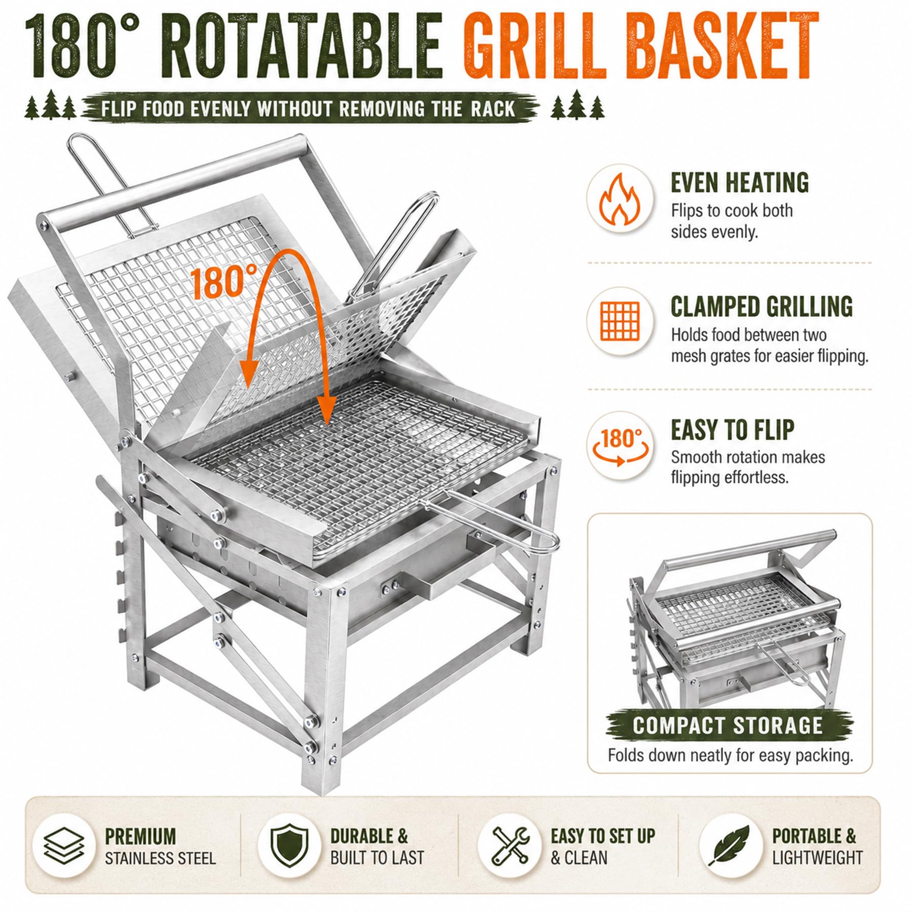 Foldable Portable Stainless Steel Charcoal BBQ Grill, Detachable Camping Barbecue Grill, Easy Disassembly Outdoor Grill for Backyard