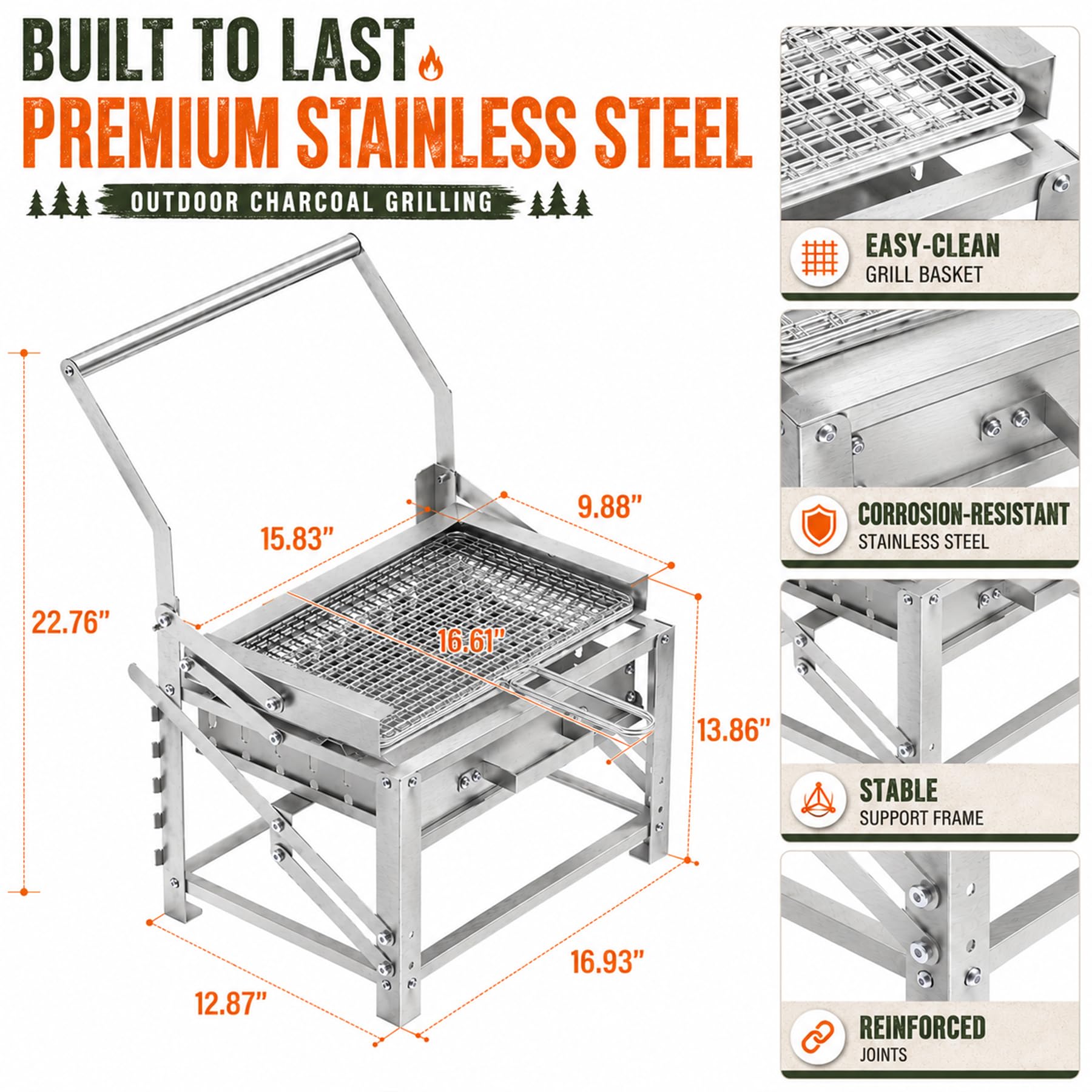 Foldable Portable Stainless Steel Charcoal BBQ Grill, Detachable Camping Barbecue Grill, Easy Disassembly Outdoor Grill for Backyard